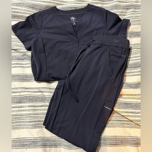 Healing Hands scrub set with jogger style bottoms in grey, XS top, Small bottoms